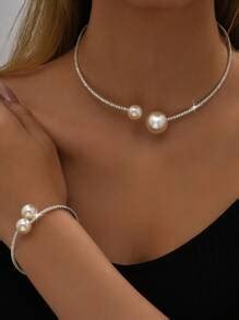 Pcs Set Elegant Faux Pearl Decor Necklace Cuff Bangle For Women For