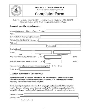 Fillable Online Complaint Form Law Society Of New Brunswick