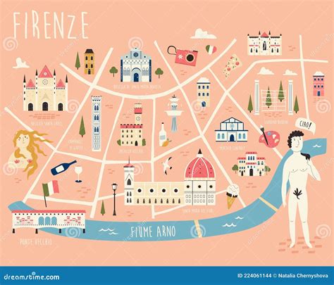 Illustrated Map Of Florence With Famous Symbols Landmarks Buildings