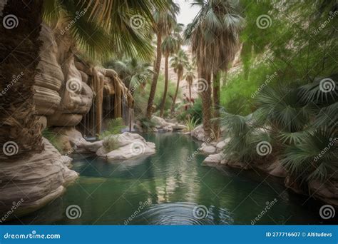 desert oasis  flowing waterfalls surrounded  greenery  palm