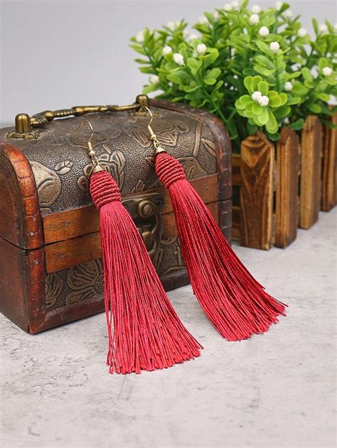 1pair Bohemian Red Tassel Dangle Earrings With Vintage Elements Design Suitable For All Seasons