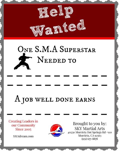 Free Printable Help Wanted Poster | Sky Martial Arts | Wildomar, California