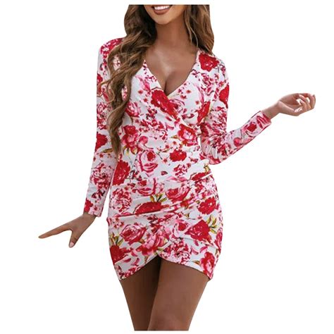 Sexy Dress For Women Wrap Deep V Neck Floral Print Bodycon Dress Ruched Long Sleeve Slim Fit