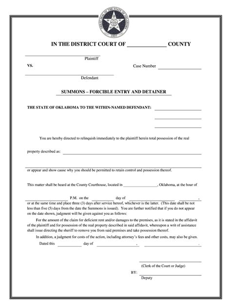 Fillable Online Oklahoma Eviction Summons Form Fax Email Print Pdffiller