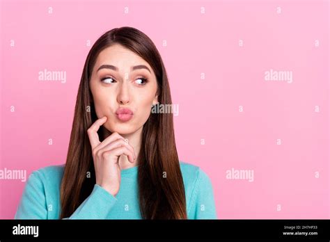 Portrait Of Nice Looking Curious Girl Pout Lips Deciding Copy Space