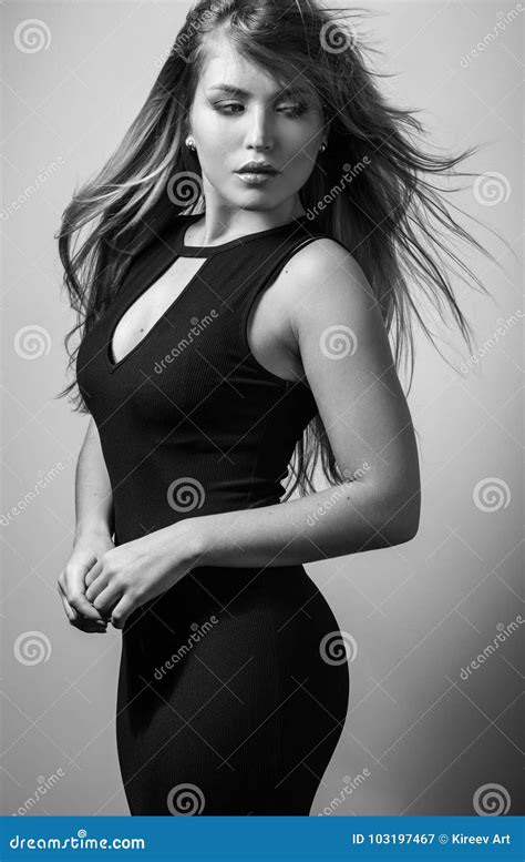 Young Sensual Model Woman Pose In Studio Black White Photo Stock