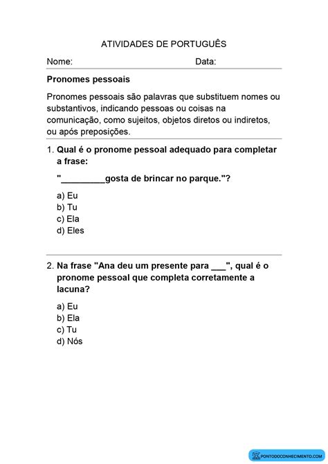 Atividades Com Pronomes Pessoais Ponto Do Conhecimento