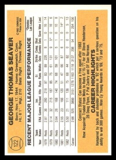 1983 Donruss 122 Tom Seaver Cincinnati Reds Baseball Card EBay