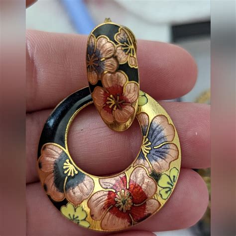 Vintage Chinese Cloisonn Enamel Hoop Earrings Gem