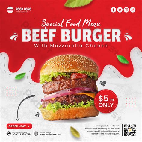 Beef Burger Food Menu And Restaurant Media Social Flyer Template Psd