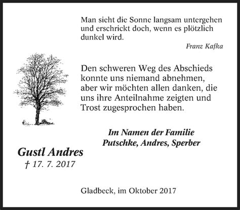 Traueranzeigen Von Gustl Andres Trauer In NRW De