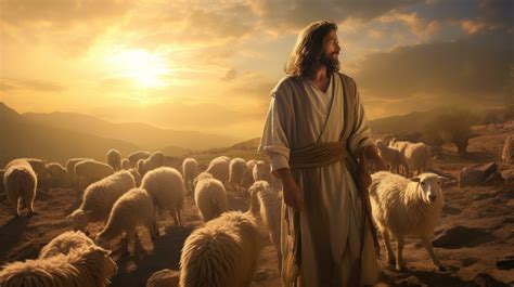 Jesus shepherding the sheep in evening sky 27180496 Stock Photo at Vecteezy