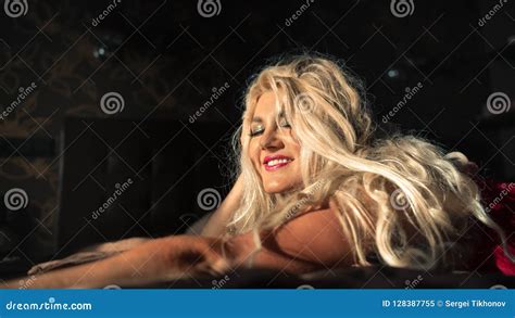 Gorgeous Blonde Girl Wake Up In The Bed And Relaxes At Early Morning Stock Image Image Of