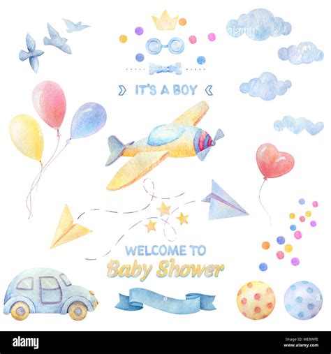 Watercolor Set Baby Shower Boy Lettering Airplane Auto Balls