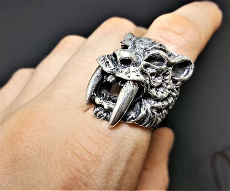 STERLING SILVER 925 Tiger Ring Saber-Toothed Tiger Fangs Big Cat Large ...