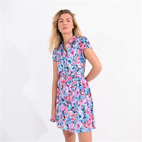 Robe courte boutonnée imprimé fleuri rose bleu Molly Bracken La Redoute