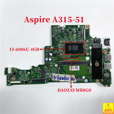 USED Laptop Motherboard DA0ZAVMB8G0 For Acer Aspire A315 A315 51 WITH