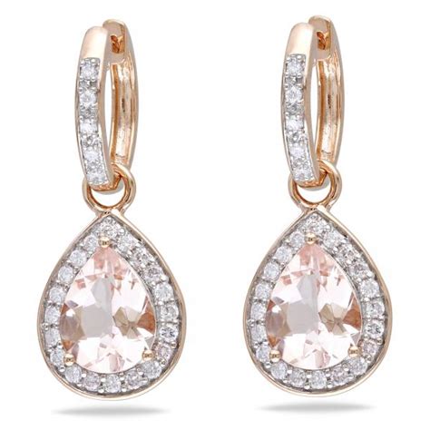 Diamond And Pear Shaped Morganite Drop Earrings 14k Rose Gold 330ct Dm108