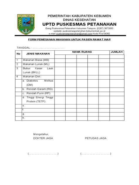 Form Pemesanan Makanan Untuk Pasien Rawat Inap Pdf