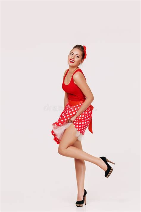 Smiling Pin Up Woman In Polka Dot Red Dress Stock Photo Image Of