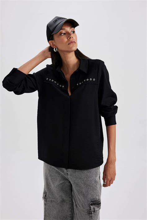 Black Women Regular Fit Long Sleeve Shirt Defacto