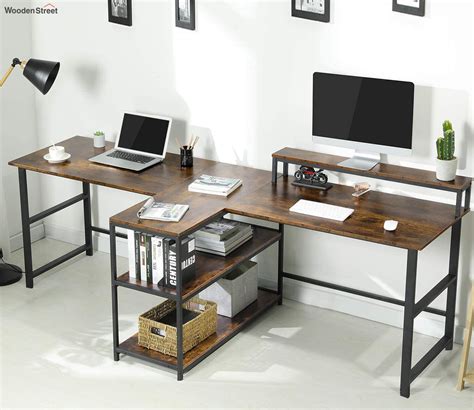 Buy Double Computer Desk with Storage Shelves in Rustic Brown Color at 47% OFF Online | Wooden ...