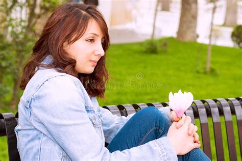 Beautiful Woman Sitting On A Bench Stock Image Image Of Bright Bench