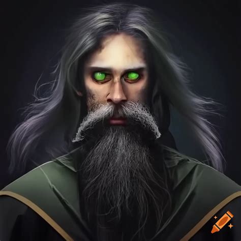 Wizard With Green Eyes Black Beard And Robe Holding A Magic Scepter