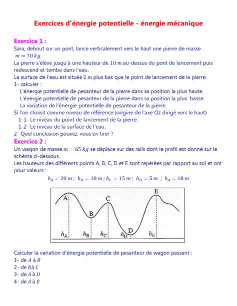 Travail Et Nergie Potentielle De Pesanteur Nergie M Canique S Rie