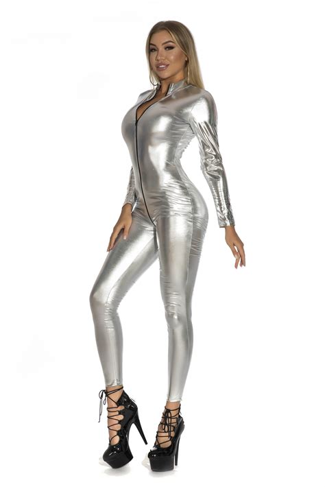 Sexy Glossy Faux Leather Catsuit With Open Crotch For Women Long Slim