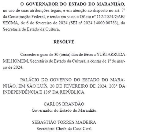 Secretário estadual de Cultura Yuri Arruda recebe aviso de férias