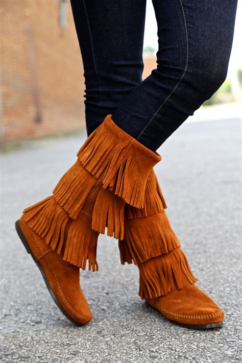 Minnetonka 3 Layer Fringe Boot Brown Suede Boots Fringe Boots