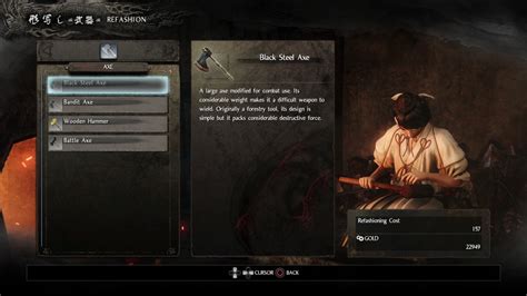 Nioh Mission 4 Blacksmith Refashion Weapons Black Steel Axe To