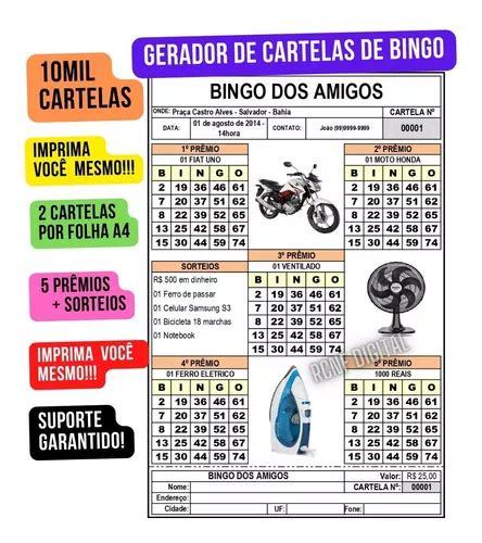 Gerador Cartela De Bingo Arquivo Excel 10mil Cartelas à venda em