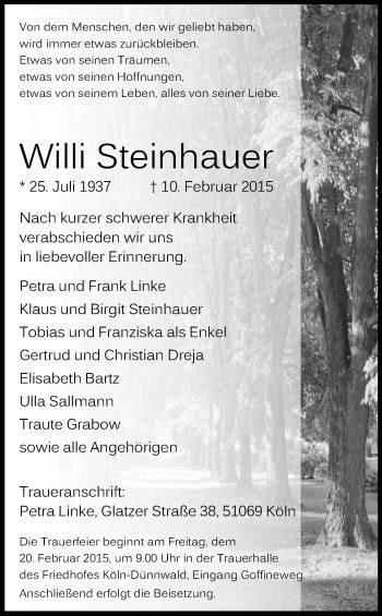 Traueranzeigen Von Willi Steinhauer WirTrauern