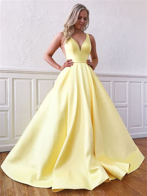 V Neck Yellow Satin Prom Dresses V Neck Yellow Formal Evening Graduat