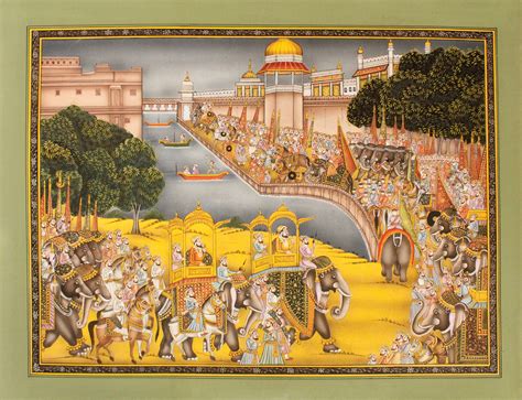 Rajasthani Miniature Painting Of Maharaja Royal Procession Artwork On Silk Cloth King