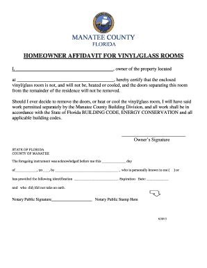 Fillable Online Homeowner Affidavit For Vinyl Glass Rooms Manatee