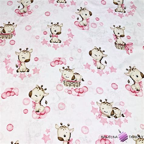 Cotton Fabric Baby Pink Giraffes On A White Background Fabric Shop