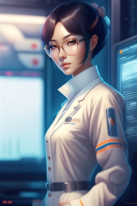 Lexica Beautiful Anime Girl With Short White Hair Wearing Lab Coat And Glasses Holding A