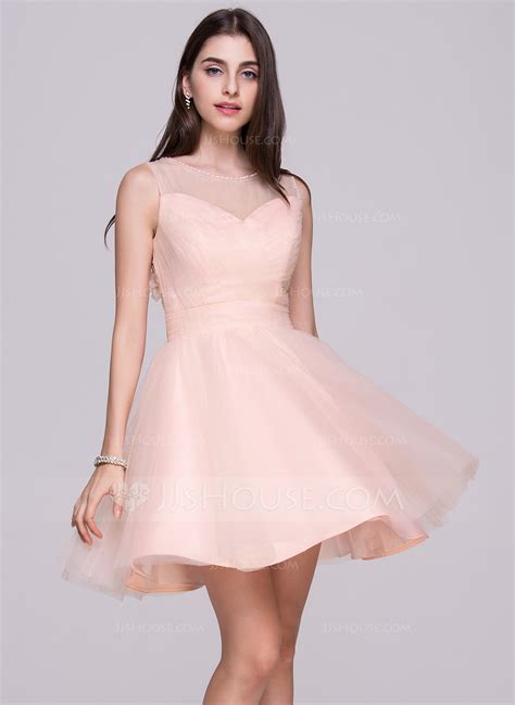 A Line Princess Scoop Neck Short Mini Tulle Homecoming Dress With