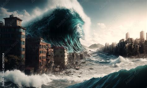 Huge Tsunami Destroying A City Dramatic Scenery With A Big Wave