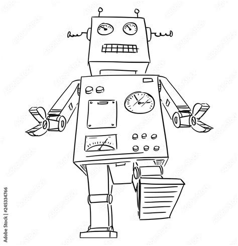 Cartoon Drawing illustration of giant or big retro sci-fi robot walking. Stock Vector | Adobe Stock