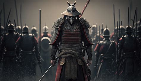 illustration painting A samurai with a katana stands ready to fight against a huge army. 3D ...