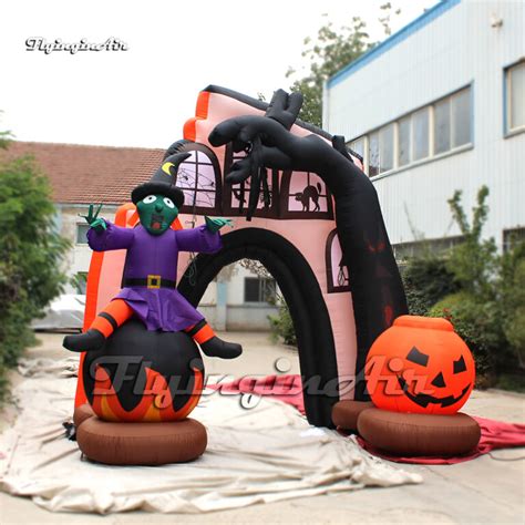 Outdoor Inflatable Arched Door 4m Air Blow Up Halloween Ghost Gate With Pumpkin Head And Witch