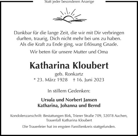 Traueranzeigen Von Katharina Kloubert Aachen Gedenkt