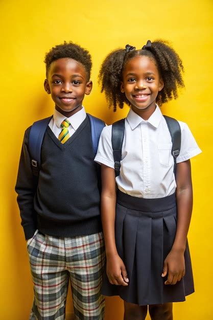 Two African American children wearing school uniforms stand side by ...