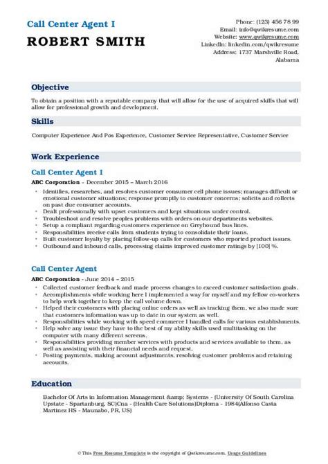 Call Center Agent Resume Samples Qwikresume