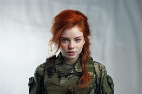 Premium Photo Young Pretty Redhead Girl In Military Uniform