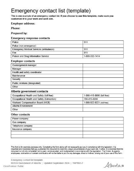 Ohs Resource Portal Emergency Contact List Template